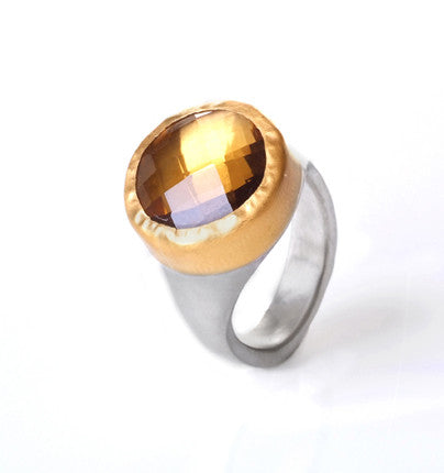 Round Cognac Quartz Ring wrapped in 24K Gold with Sterling Silver Band 16 X 16mm