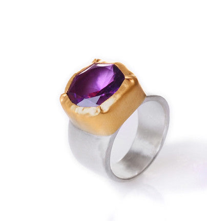 Round Amethyst Ring wrapped in 24K Gold with Sterling Silver Band 15 X 15mm