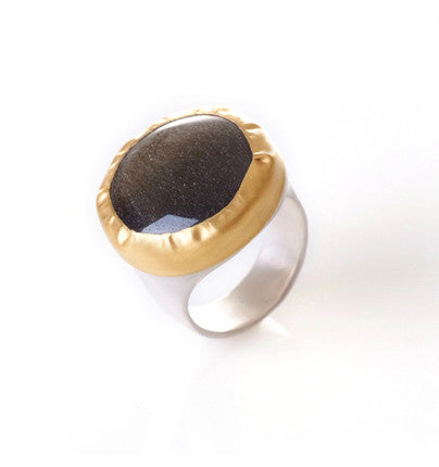 Round Obsidian Ring wrapped in 24K Gold with Sterling Silver band