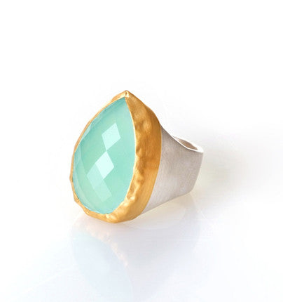 Large pear-shaped Chalcedony Ring wrapped in 24K Gold with Sterling Silver band.