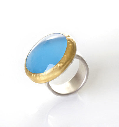 Large round Light Blue Chalcedony Ring wrapped in 24K Gold with Sterling Silver band 25mm x 25mm