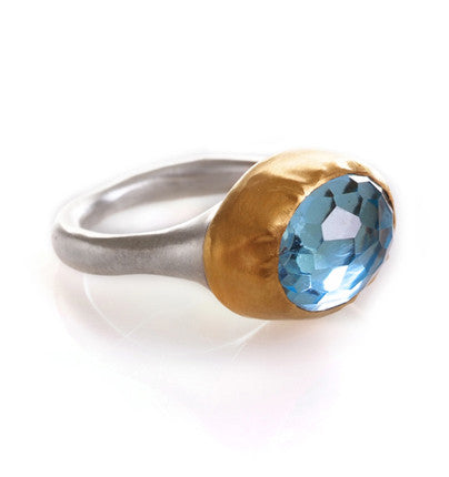 Oval Sky Blue Topaz Ring wrapped in 24K gold with Sterling Silver band 18 x 12 mm