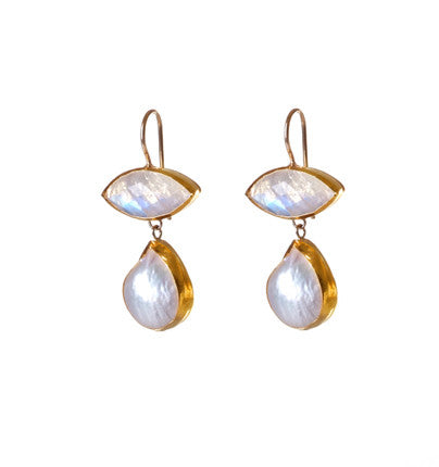 Oval Moonstone Earrings wrapped in 24K Gold with Freshwater Pearl drops Hang 32 mm Width 17 mm