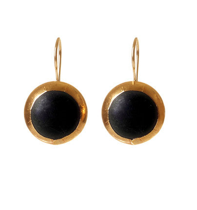 Round Onyx Earrings wrapped in 24K Gold with Sterling Silver backing Hang 17 mm Width 10 mm