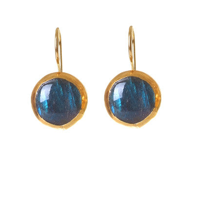 Round Labradorite Earrings wrapped in 24K Gold with Sterling Silver backing Hang 15 mm Width 8 mm