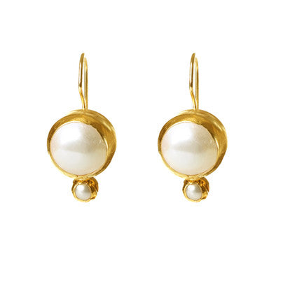 Round Pearl Earrings with small Pearl wrapped in 24K Gold with Sterling Silver backing Hang 25 mm Width 10 mm