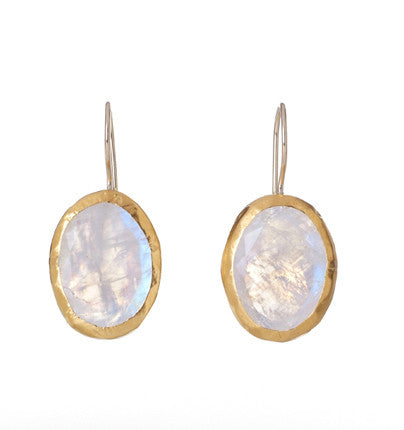 Large oval Rainbow Moonstone earrings wrapped in 24K Gold