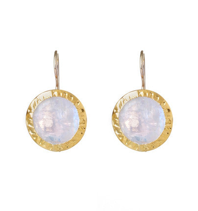 Round Rainbow Moonstone Earrings wrapped in 24K Gold. Width 14 mm