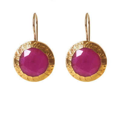 Round Ruby (Corundum) Earrings wrapped in 24K Gold with Sterling Silver backing. Width 14mm