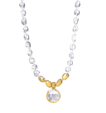 This magnificent Necklace is finely hand-crafted of luminous Crystal gemstones with five stones and a Crystal center wrapped in 24K Gold. You are sure to shine with this lustrous piece of jewelry. 18" Long