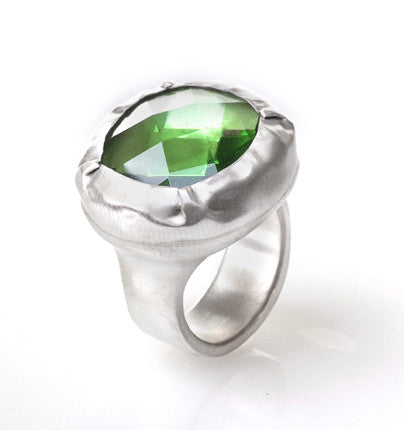 Round Light Green Quartz ring wrapped in Fine sterling silver/1000