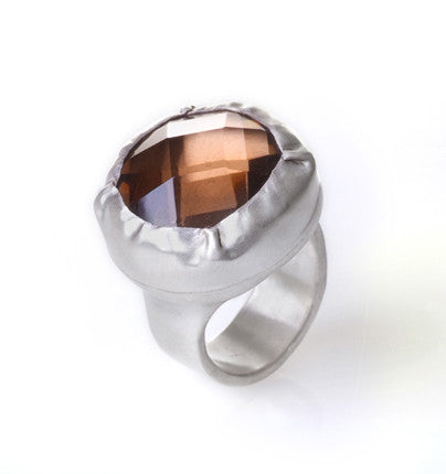 Round Smoky Quartz ring wrapped in Fine sterling silver/1000