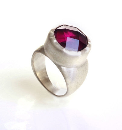 Round Eggplant Quartz ring wrapped in Fine sterling silver/1000